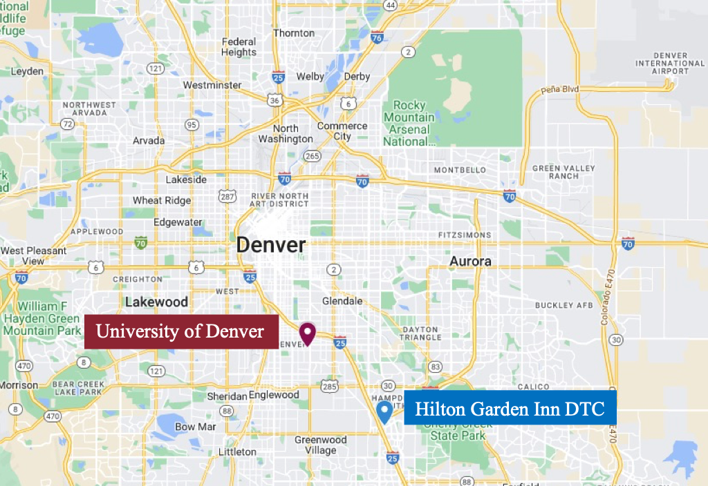 Map of Denver showing hotel locations and University of Denver