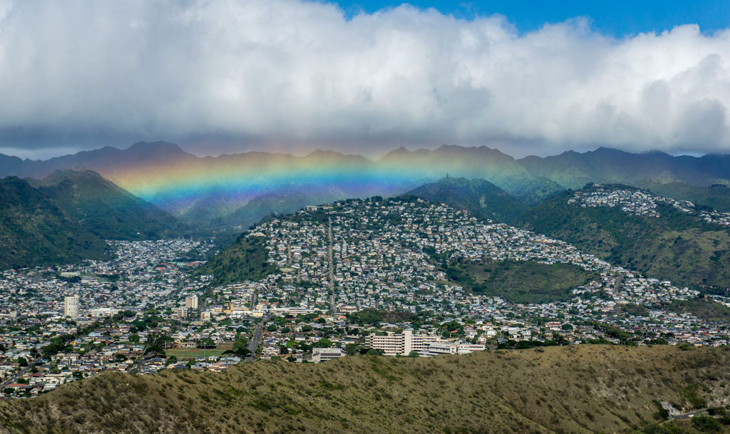 Aerial view of Honolulu highlighted by a rainbow. Photo by Hendrik Cornelissen for Unsplash