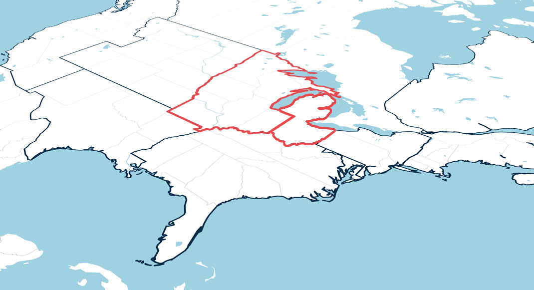 Map of U.S. outlining the East Lakes and West Lakes region boundaries