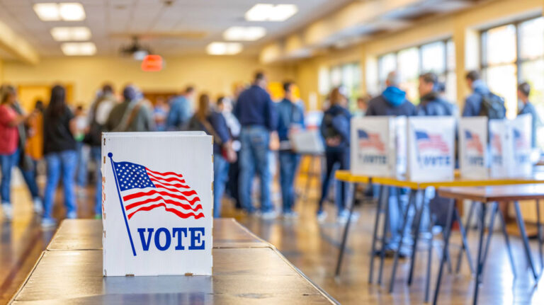 Voters gather in a room to vote in an election