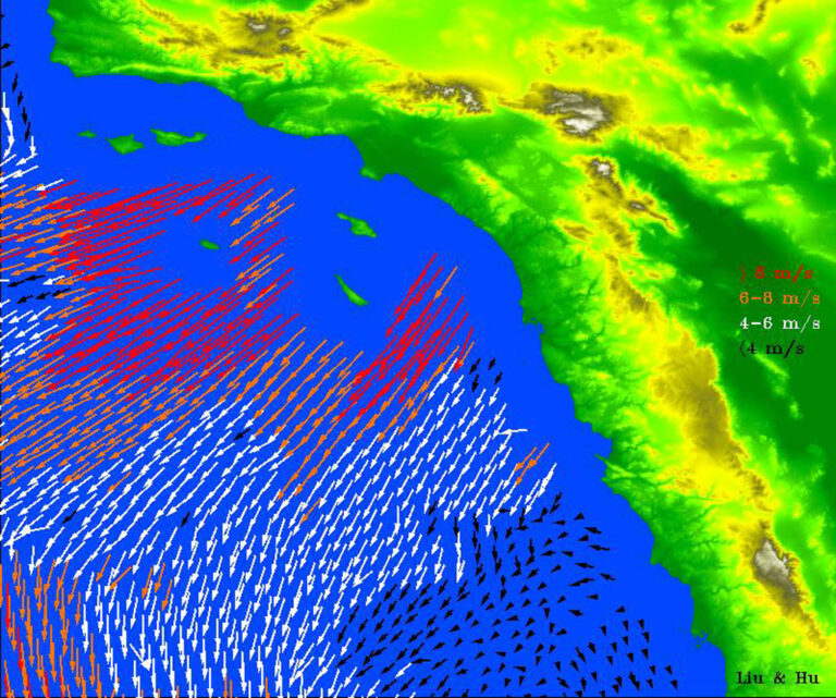 NASA’s QuikSCAT satellite, launched in 1999, shows the Santa Ana winds blowing over the Pacific. Source: NASA