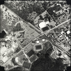 Black-and-white analog aerial photo of University of New Hampshire campus; Courtesy: Eastern Topographics, Wolfboro, NH