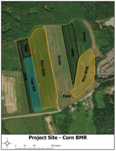 Corn varieties noted on aerial map; Credit: Russell G. Congalton